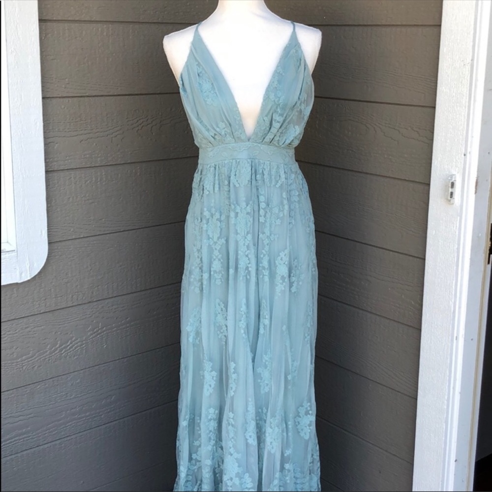 Muted Teal Lace Maxi Dress with deep V-neck